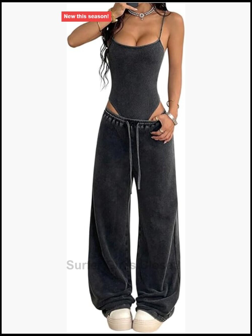 Y2K 2 Piece Set Sleeveless Bodysuit Drawstring Baggy Pants Concert Outfit